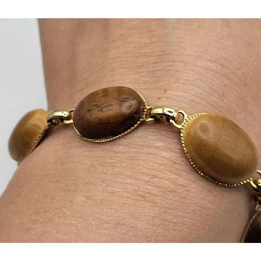Vintage Wood Gold Beaded Bracelet: 1970s Boho Style 7.5"